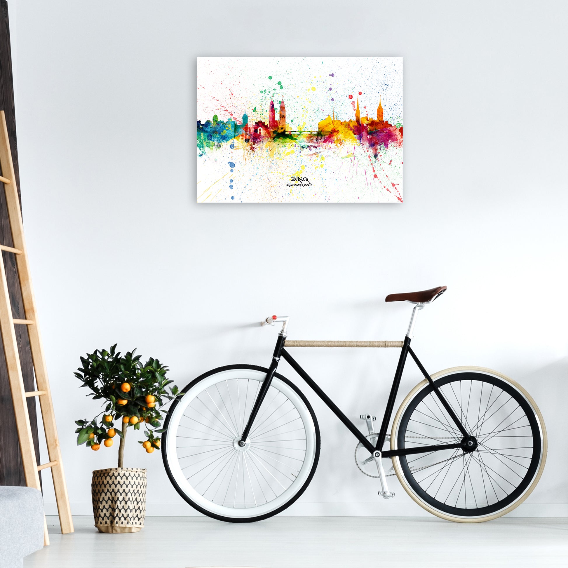 Zurich Switzerland Skyline Splash Art Print by Michael Tompsett A1 Black Frame