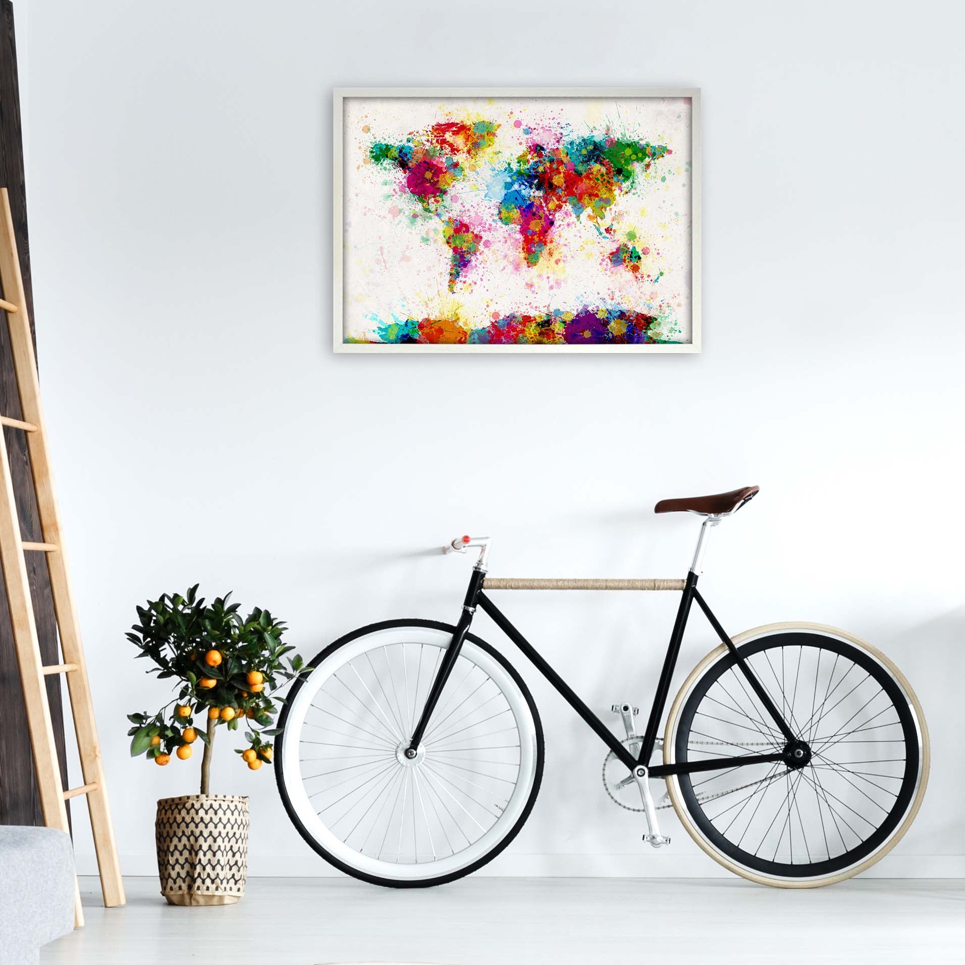 World Map Paint Splashes Art Print by Michael Tompsett A1 Oak Frame