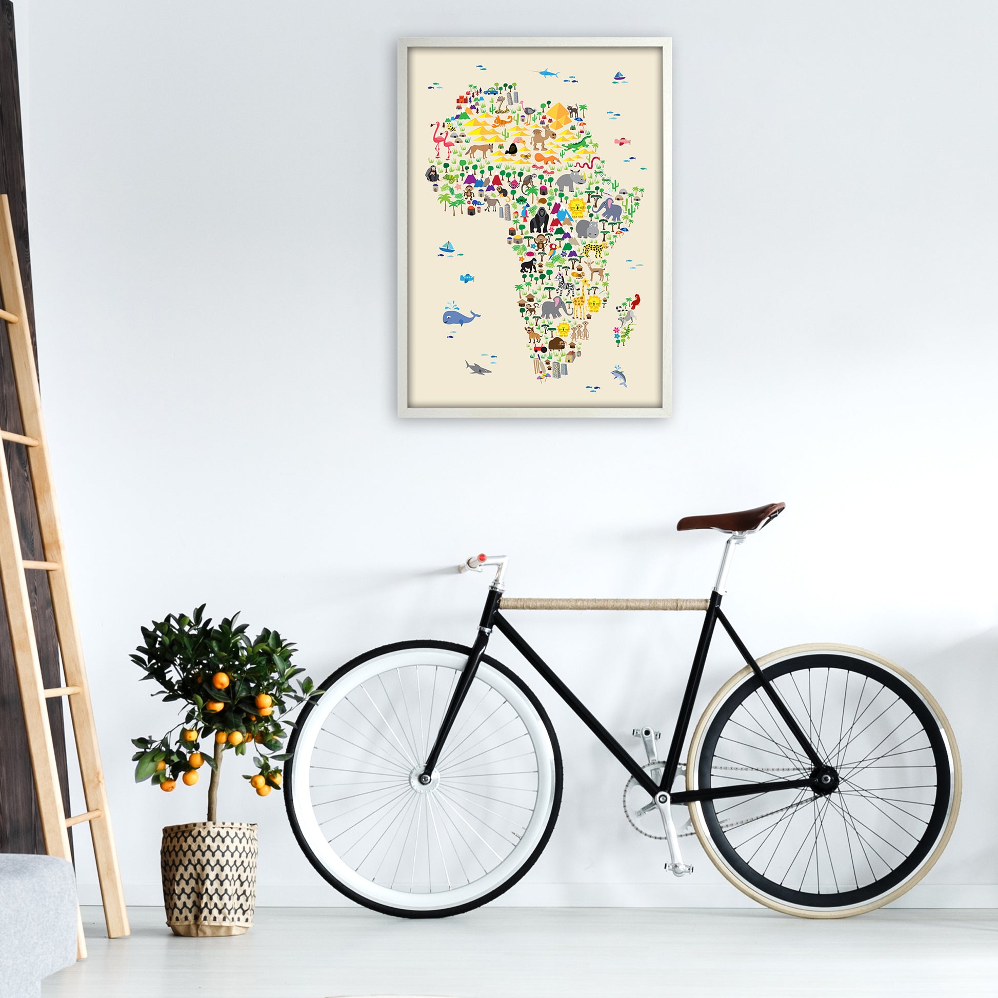 Animal Map of Africa Beige  Art Print by Michael Tompsett A1 Oak Frame