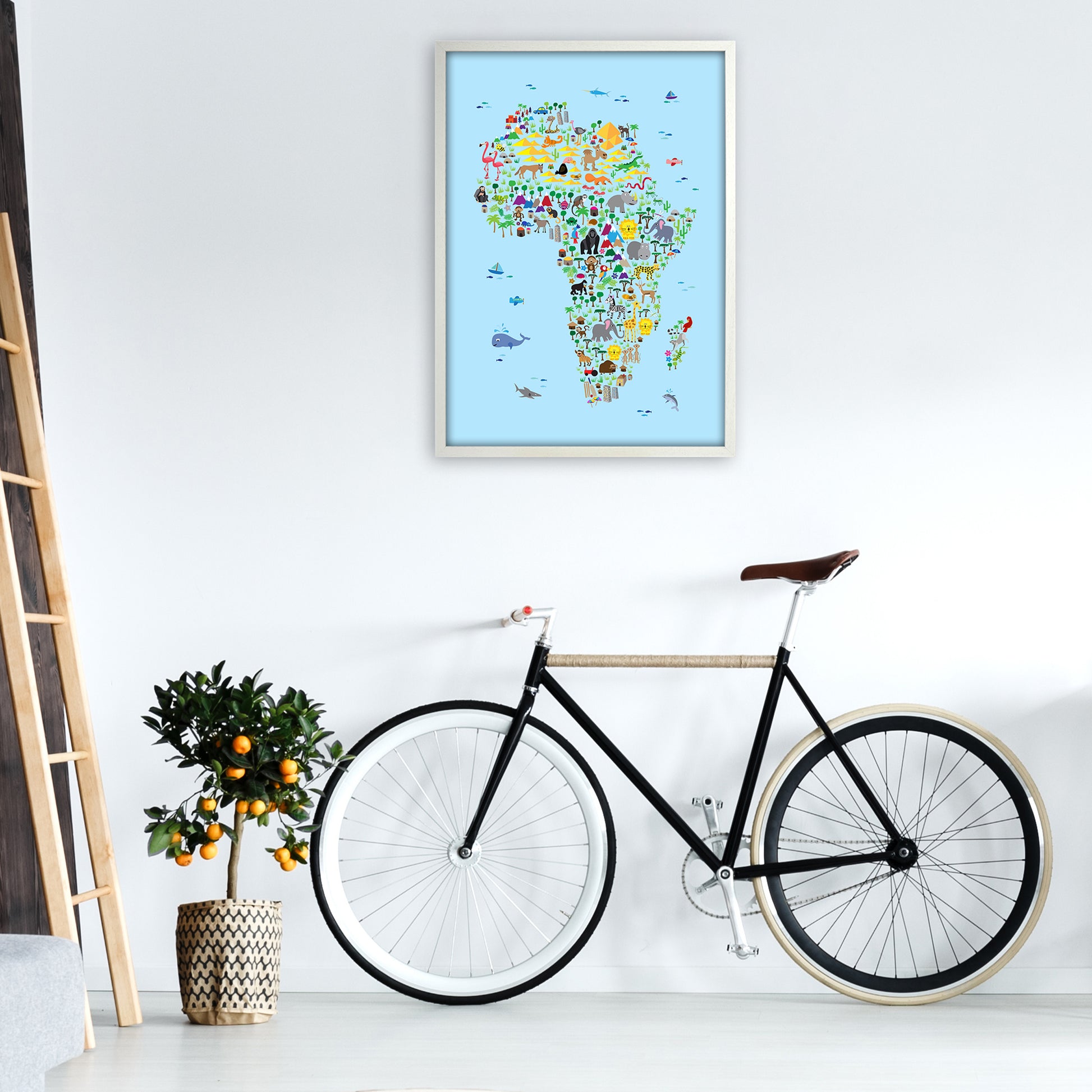 Animal Map of Africa Blue Nursery Print by Michael Tompsett A1 Oak Frame