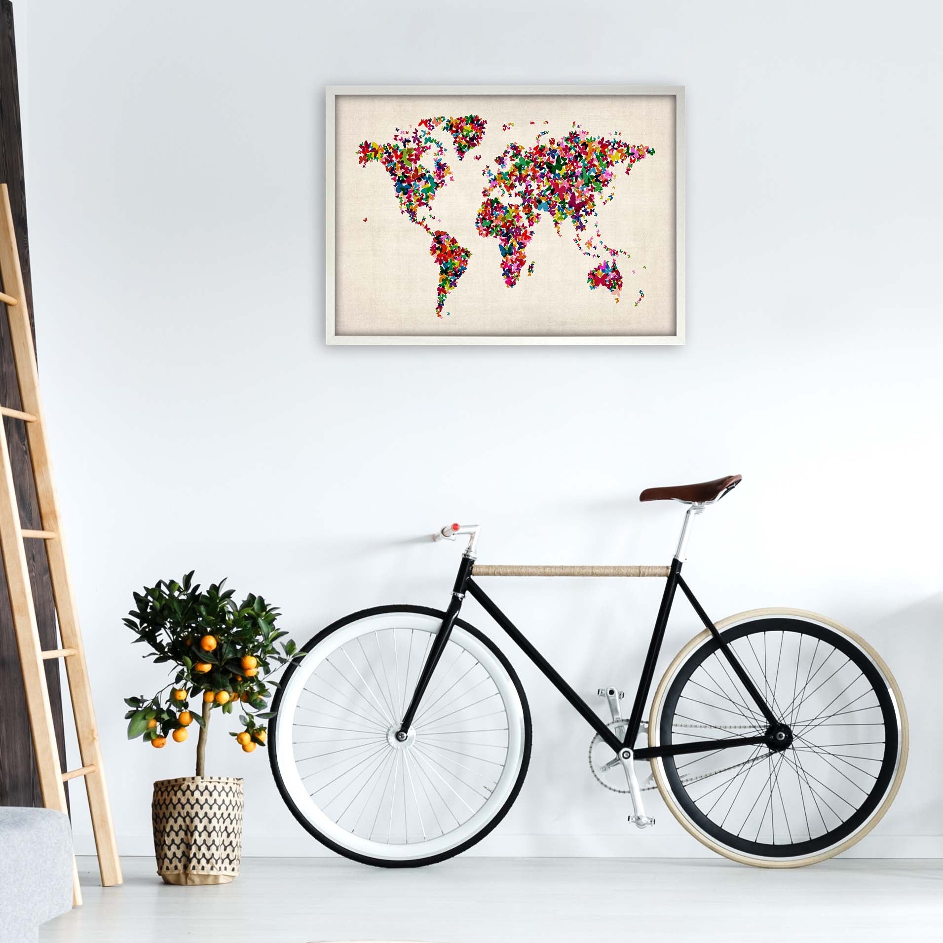 Butterfly Map of the World Art Print by Michael Tompsett A1 Oak Frame