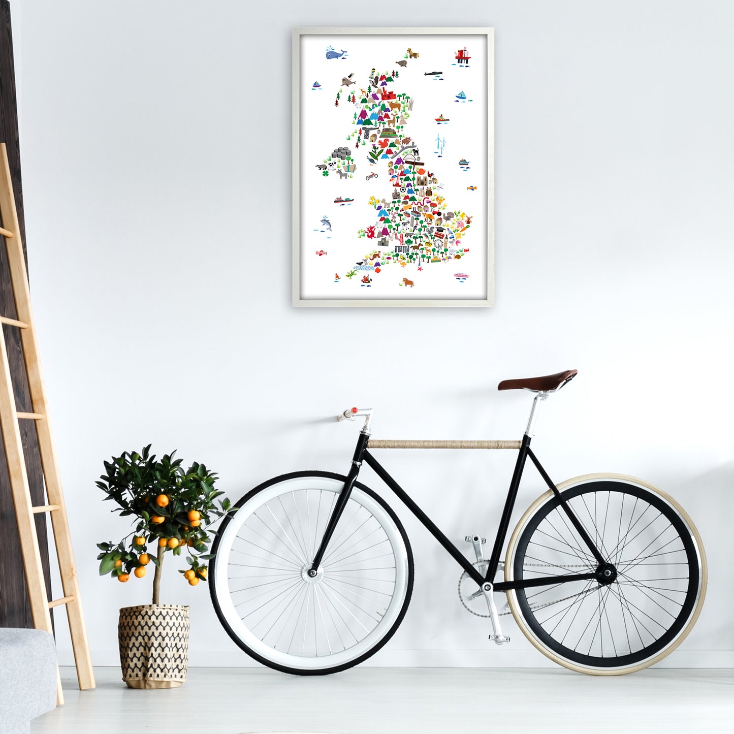 Animal Map of Great Britain Art Print by Michael Tompsett A1 Oak Frame