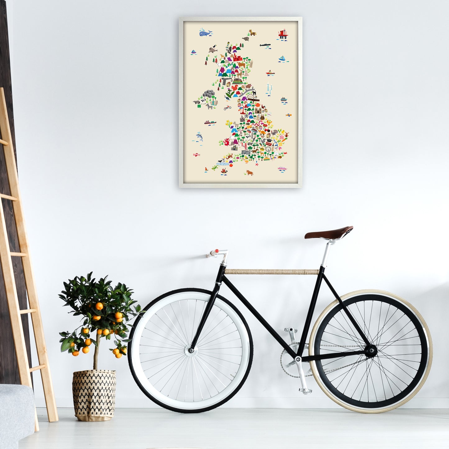 Animal Map of Great Britain Beige Print by Michael Tompsett A1 Oak Frame