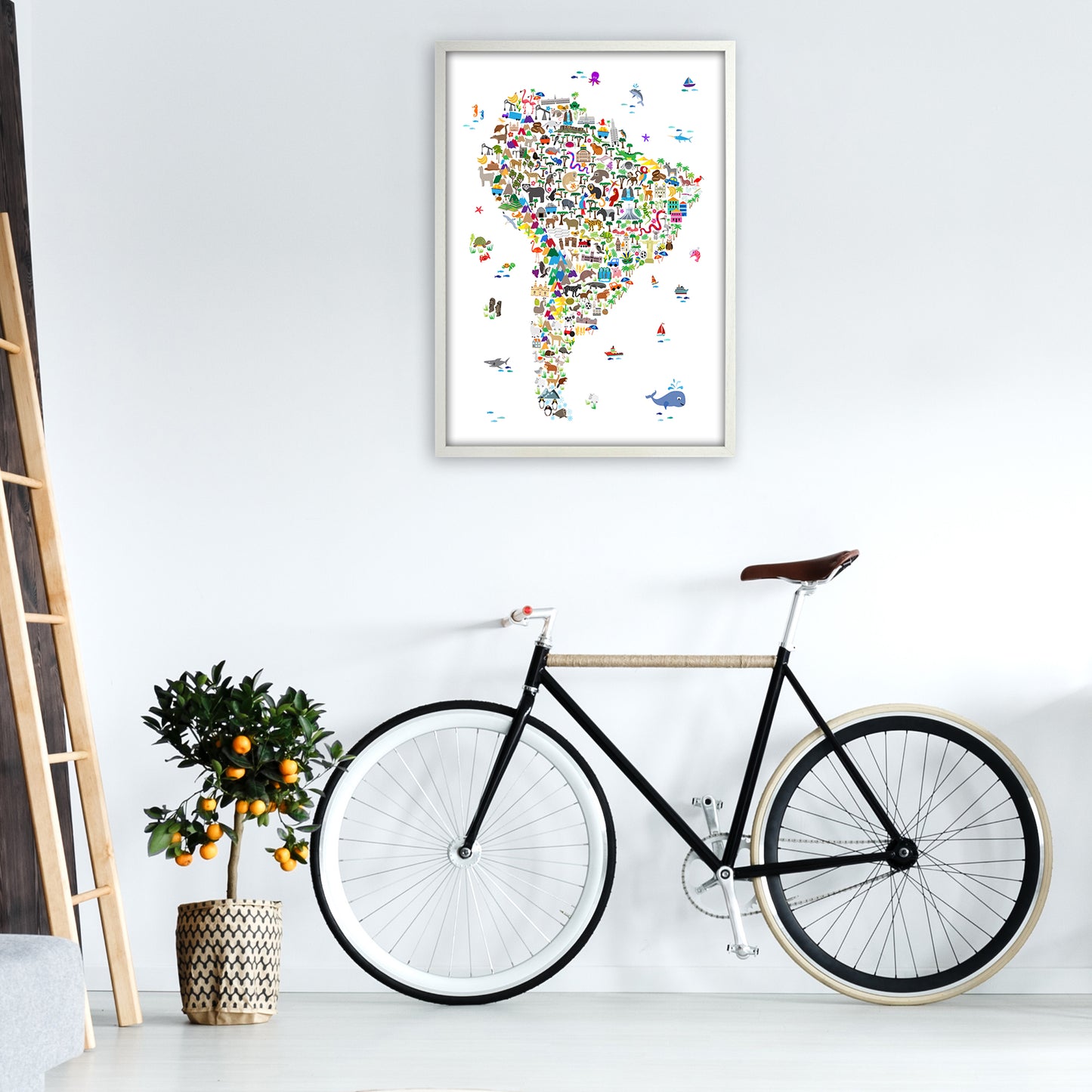 Animal Map of South America Nursery Print by Michael Tompsett A1 Oak Frame
