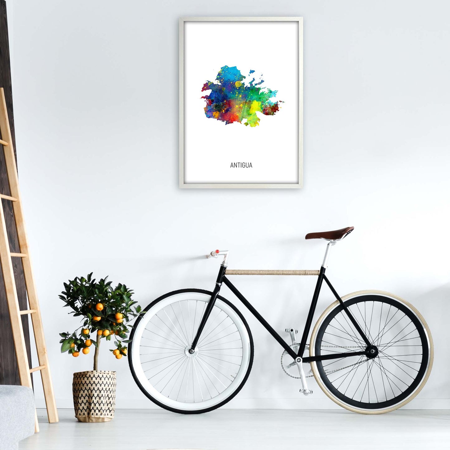 Antigua Watercolour Map Art Print by Michael Tompsett A1 Oak Frame