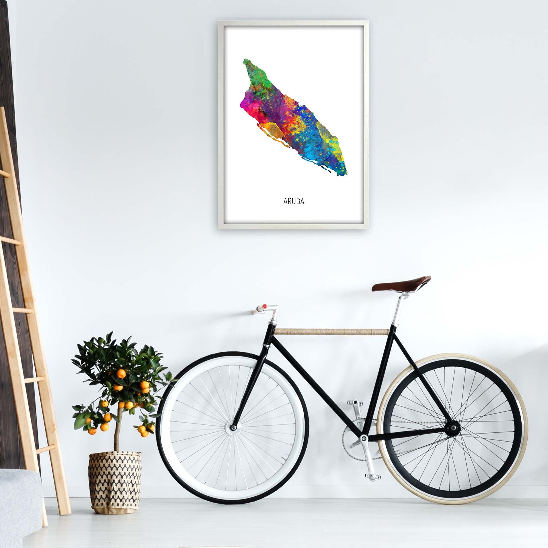 Aruba Watercolour Map Art Print by Michael Tompsett A1 Oak Frame