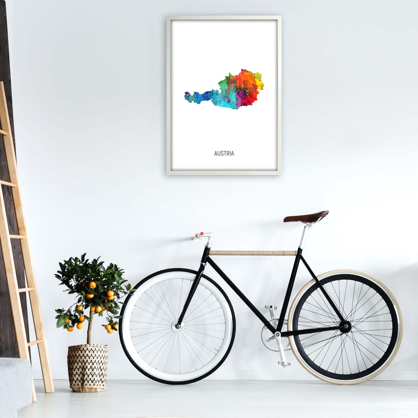 Austria Watercolour Map Art Print by Michael Tompsett A1 Oak Frame