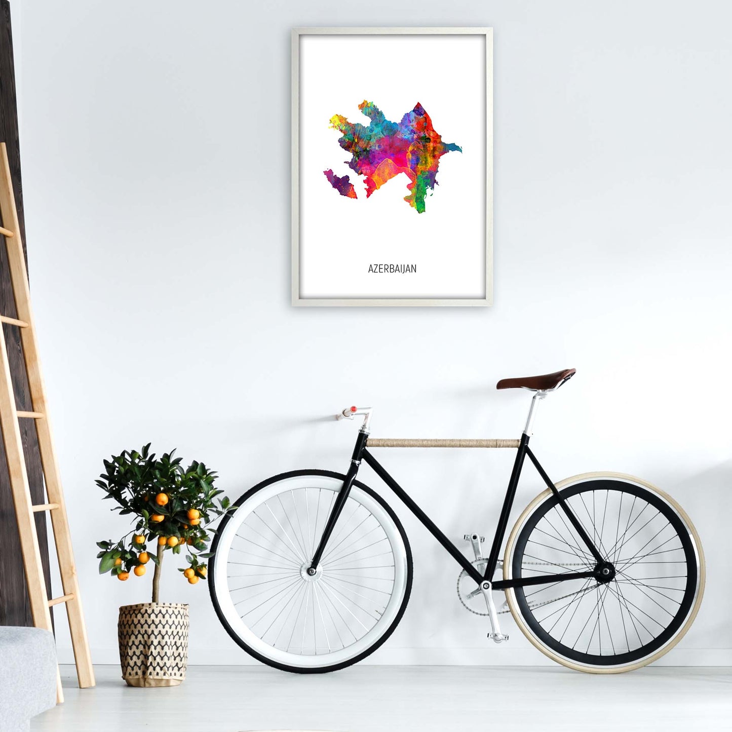 Azerbaijan Watercolour Map Art Print by Michael Tompsett A1 Oak Frame