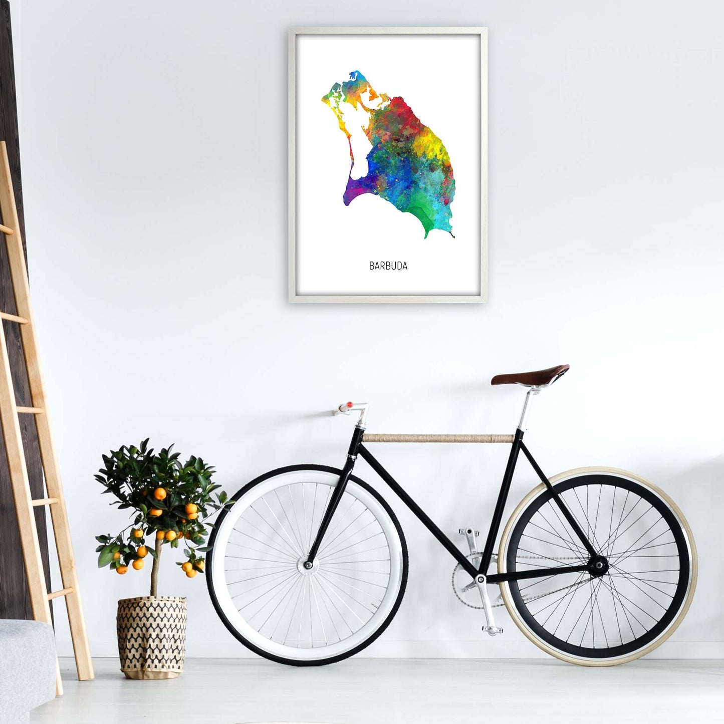 Barbuda Watercolour Map Art Print by Michael Tompsett A1 Oak Frame