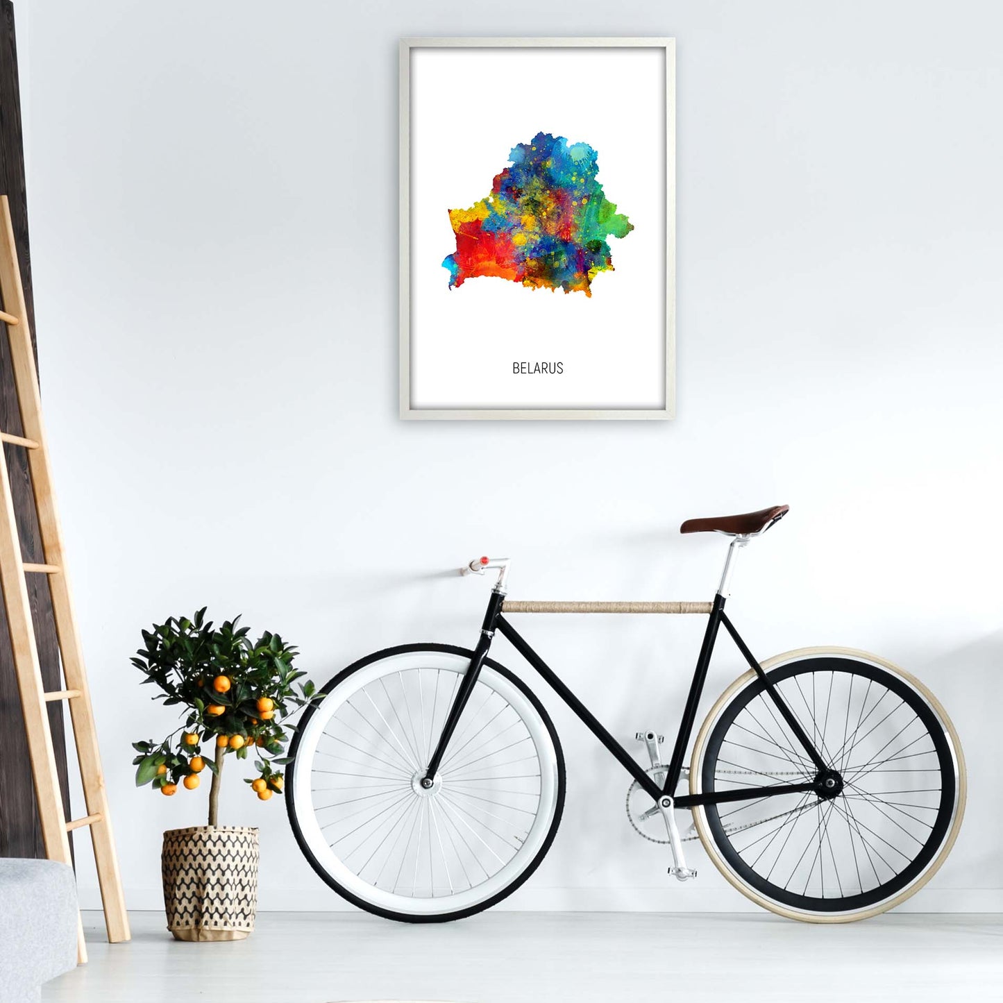 Belarus Watercolour Map Art Print by Michael Tompsett A1 Oak Frame