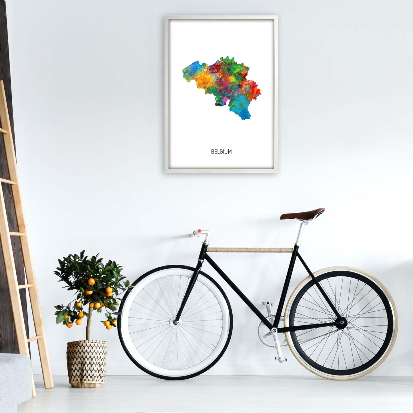 Belgium Watercolour Map Art Print by Michael Tompsett A1 Oak Frame