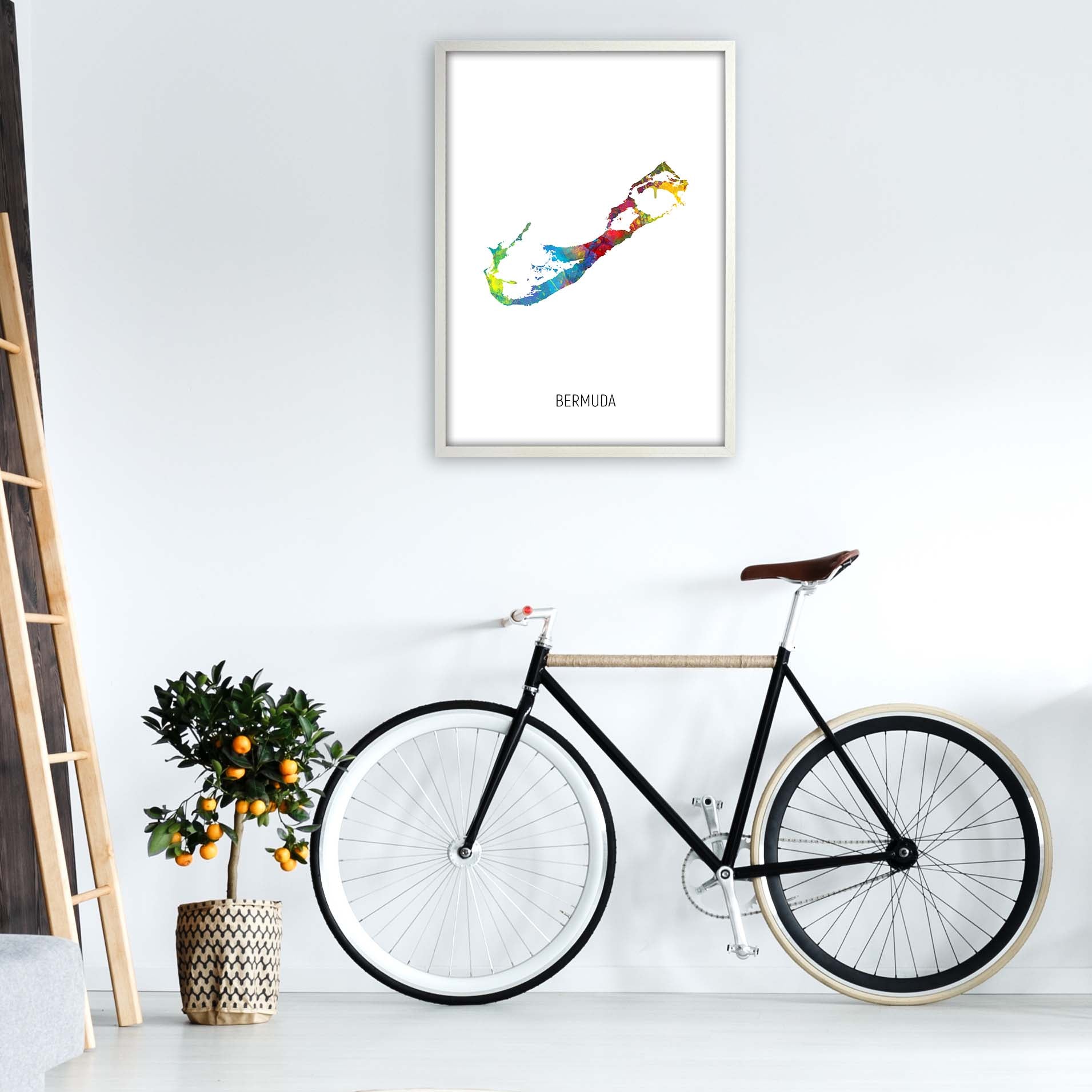 Bermuda Watercolour Map Art Print by Michael Tompsett A1 Oak Frame