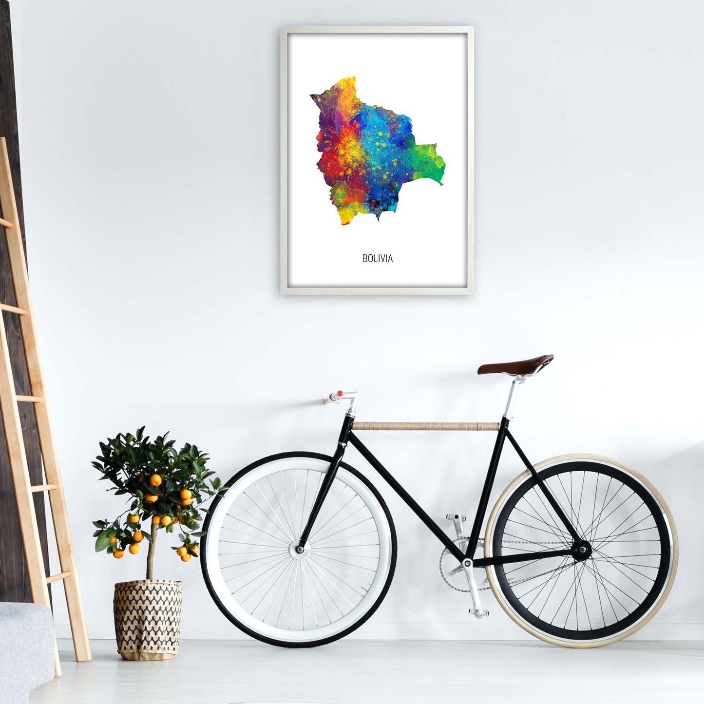 Bolivia Watercolour Map Art Print by Michael Tompsett A1 Oak Frame