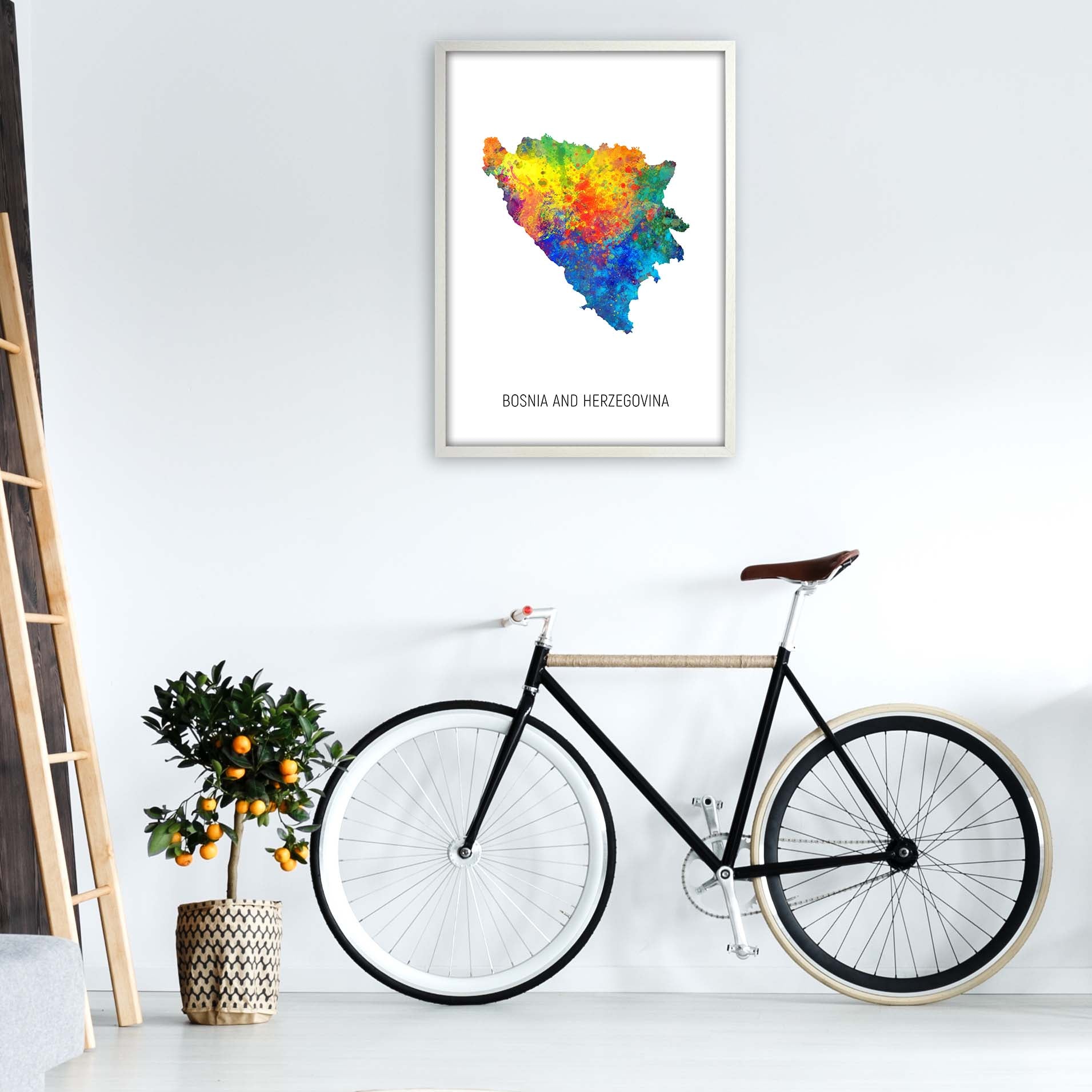 Bosnia And Herzegovina Watercolour Map  by Michael Tompsett A1 Oak Frame