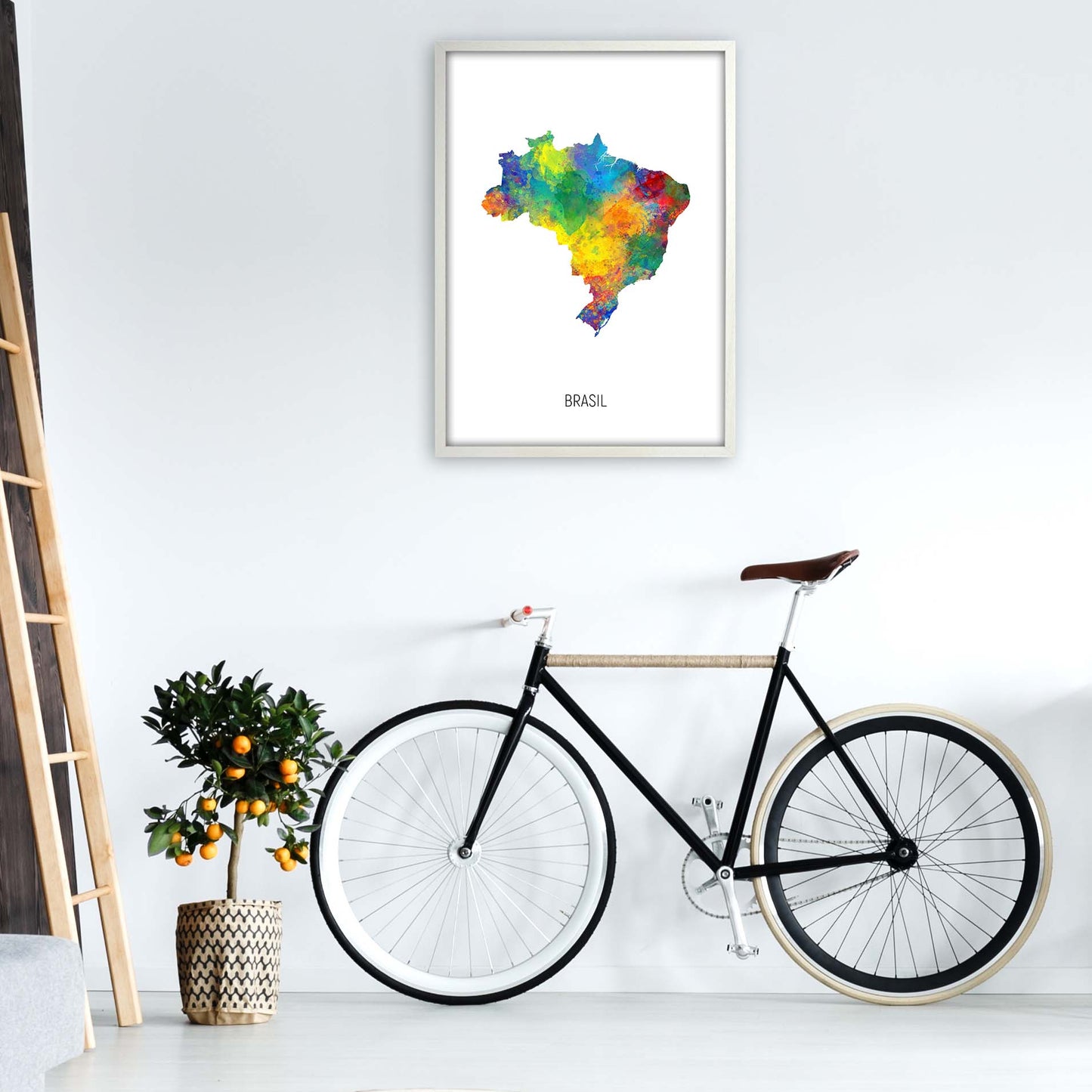 Brasil Watercolour Map Art Print by Michael Tompsett A1 Oak Frame
