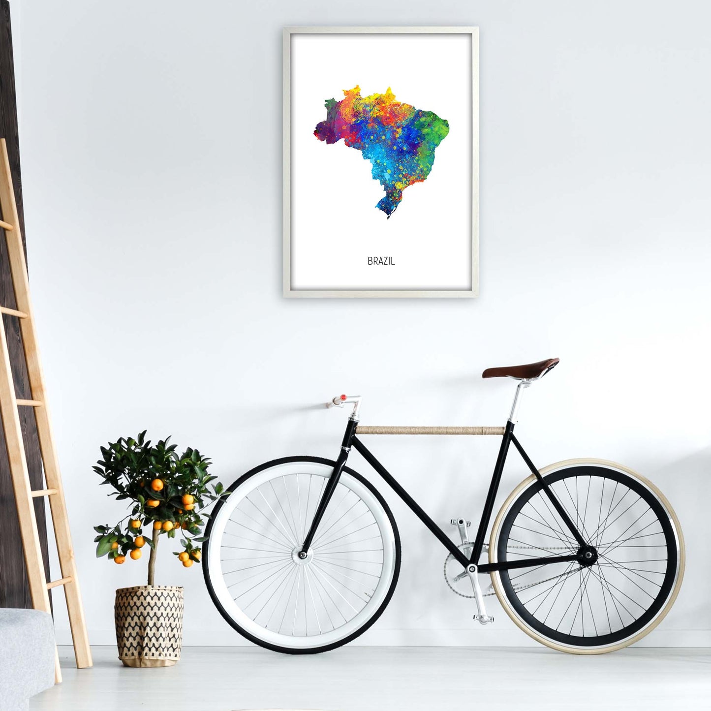 Brazil Watercolour Map Art Print by Michael Tompsett A1 Oak Frame