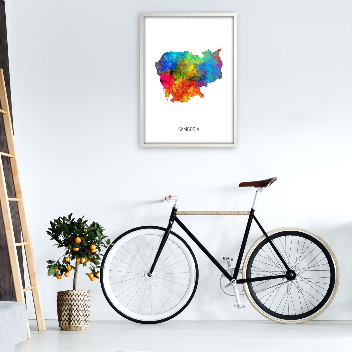 Cambodia Watercolour Map Art Print by Michael Tompsett A1 Oak Frame