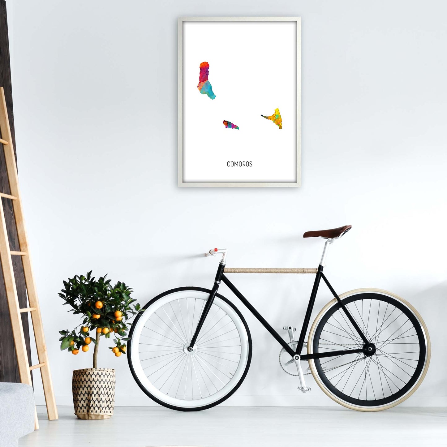 Comoros Watercolour Map Art Print by Michael Tompsett A1 Oak Frame