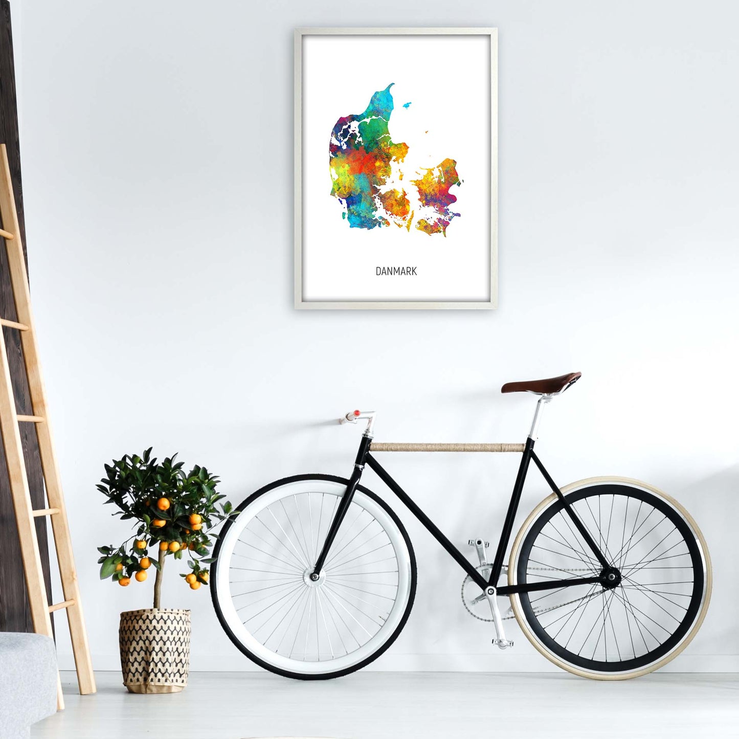 Danmark Watercolour Map Art Print by Michael Tompsett A1 Oak Frame