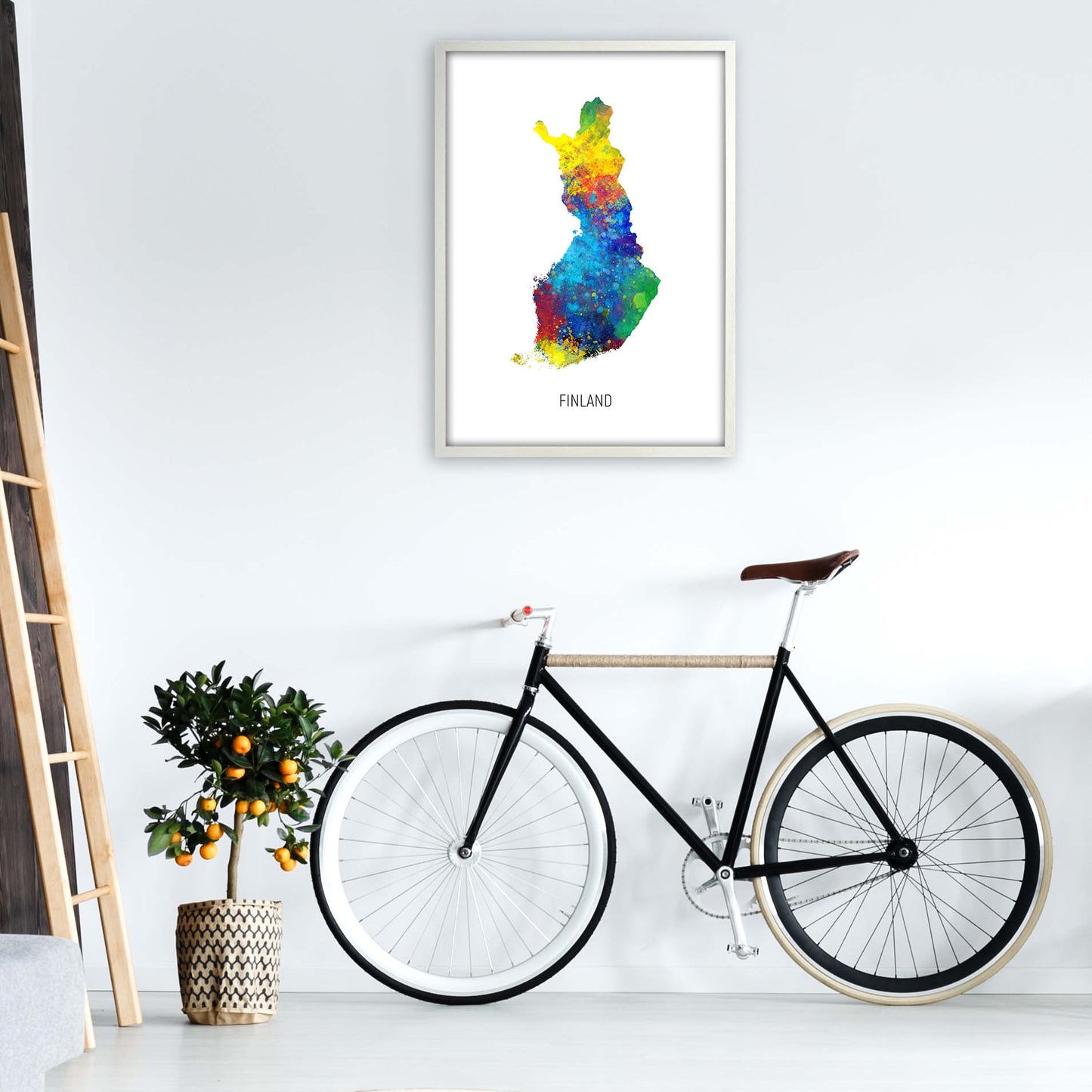 Finland Watercolour Map Art Print by Michael Tompsett A1 Oak Frame