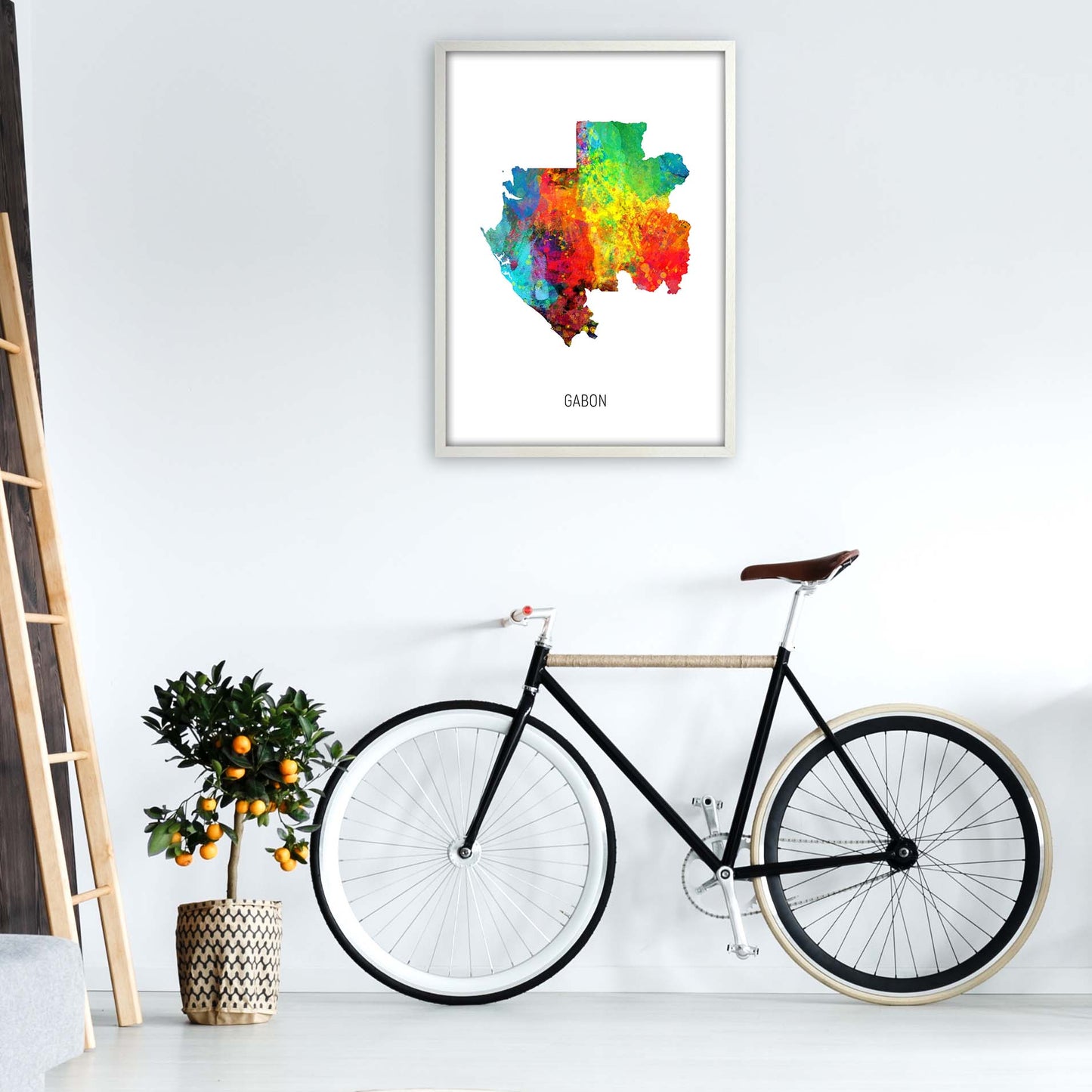 Gabon Watercolour Map Art Print by Michael Tompsett A1 Oak Frame
