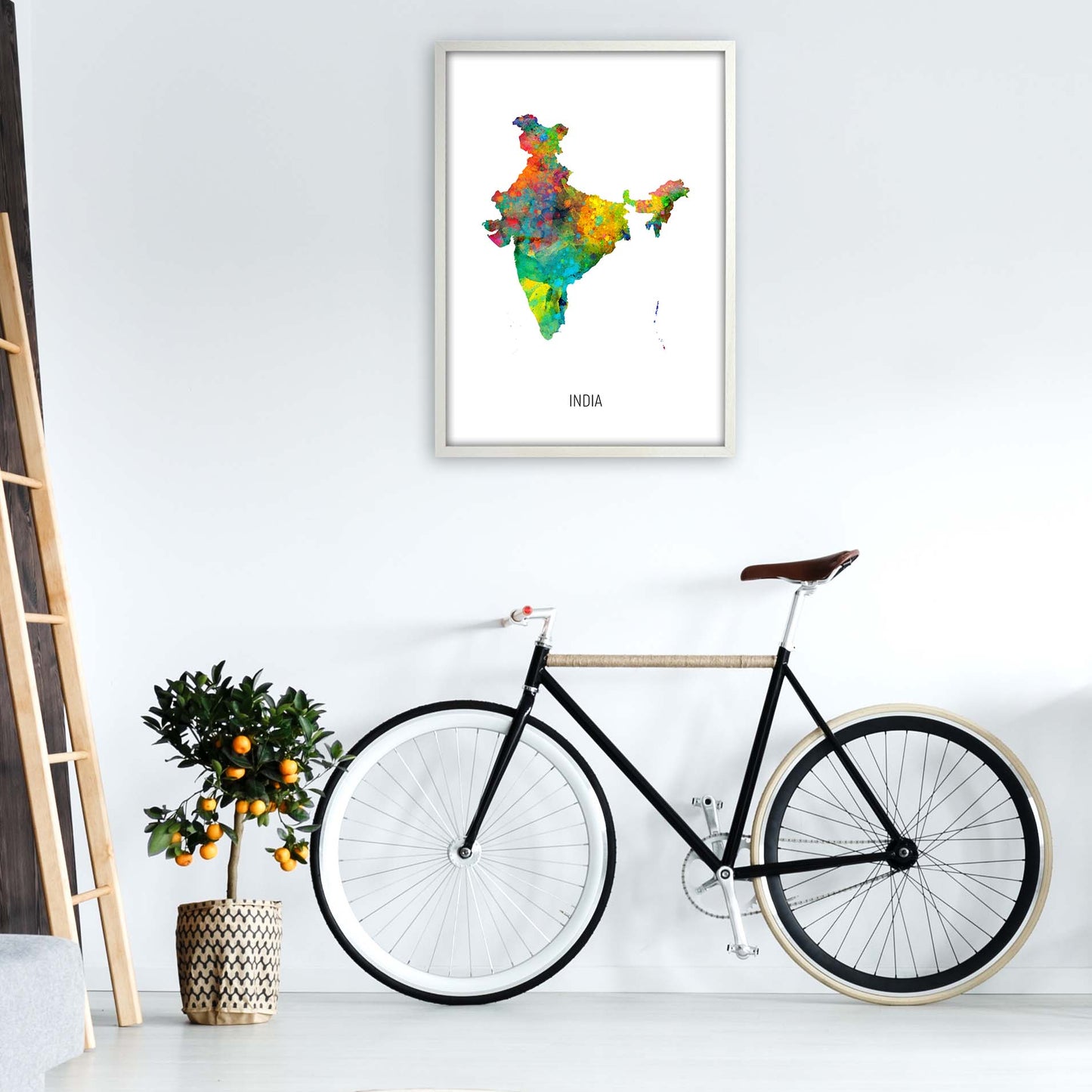 India Watercolour Map Art Print by Michael Tompsett A1 Oak Frame