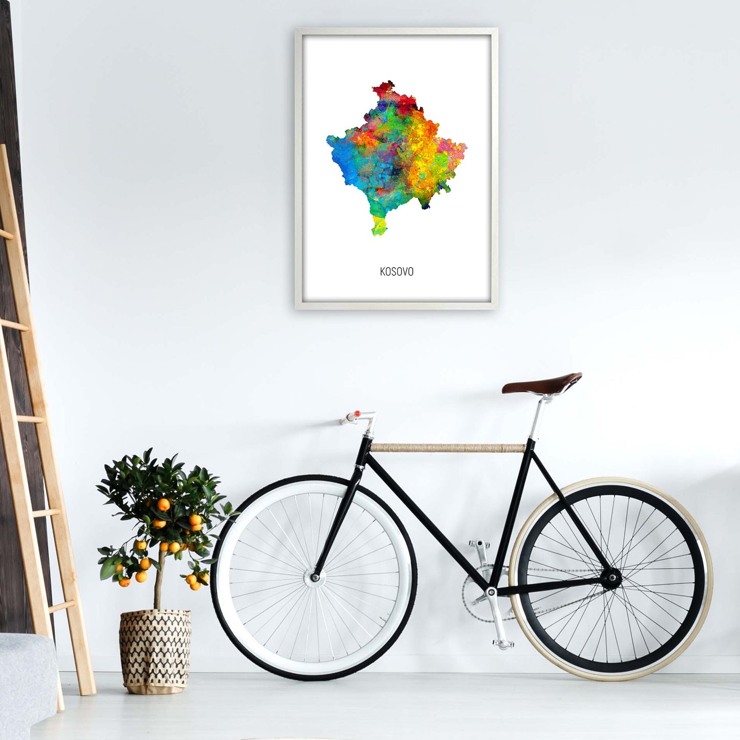 Kosovo Watercolour Map Art Print by Michael Tompsett A1 Oak Frame