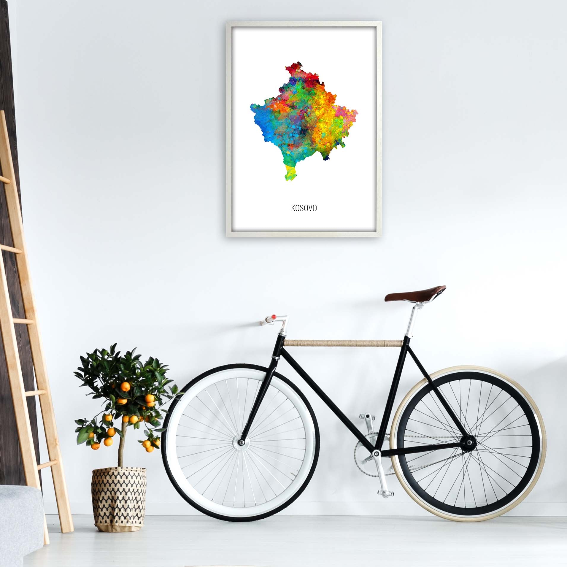 Kosovo Watercolour Map Art Print by Michael Tompsett A1 Oak Frame