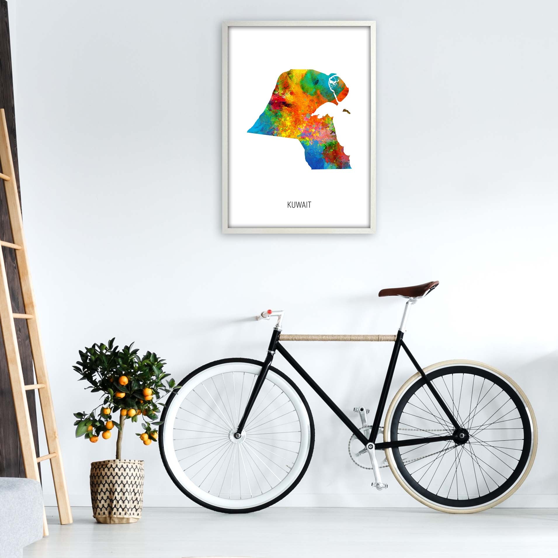 Kuwait Watercolour Map Art Print by Michael Tompsett A1 Oak Frame