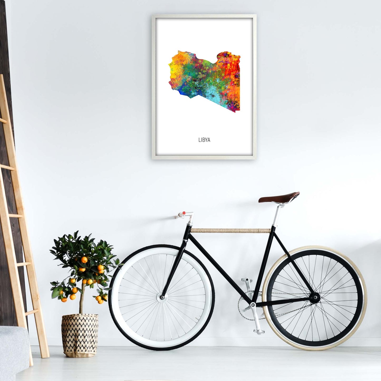 Libya Watercolour Map Art Print by Michael Tompsett A1 Oak Frame
