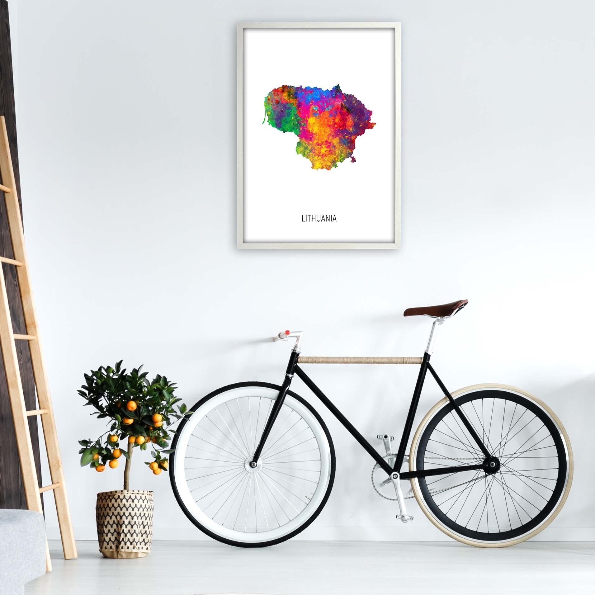 Lithuania Watercolour Map Art Print by Michael Tompsett A1 Oak Frame