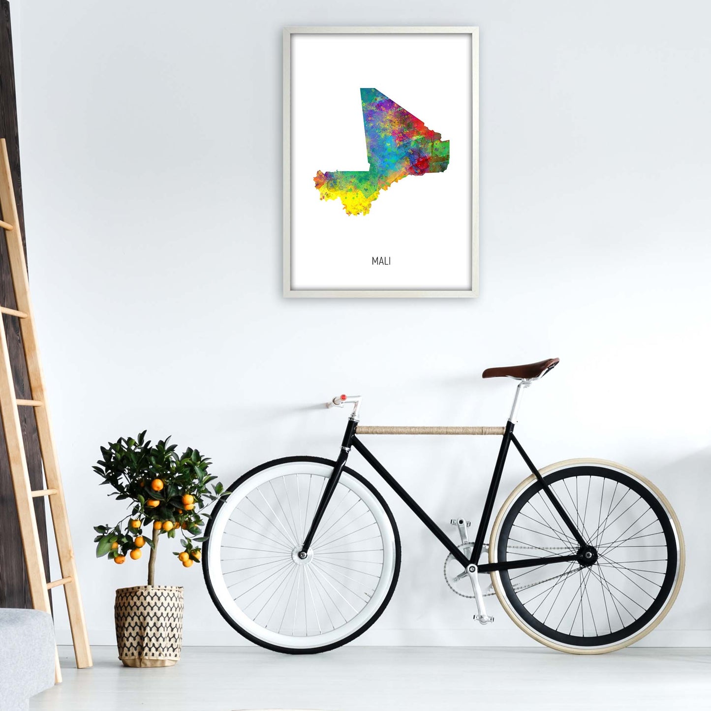 Mali Watercolour Map Art Print by Michael Tompsett A1 Oak Frame