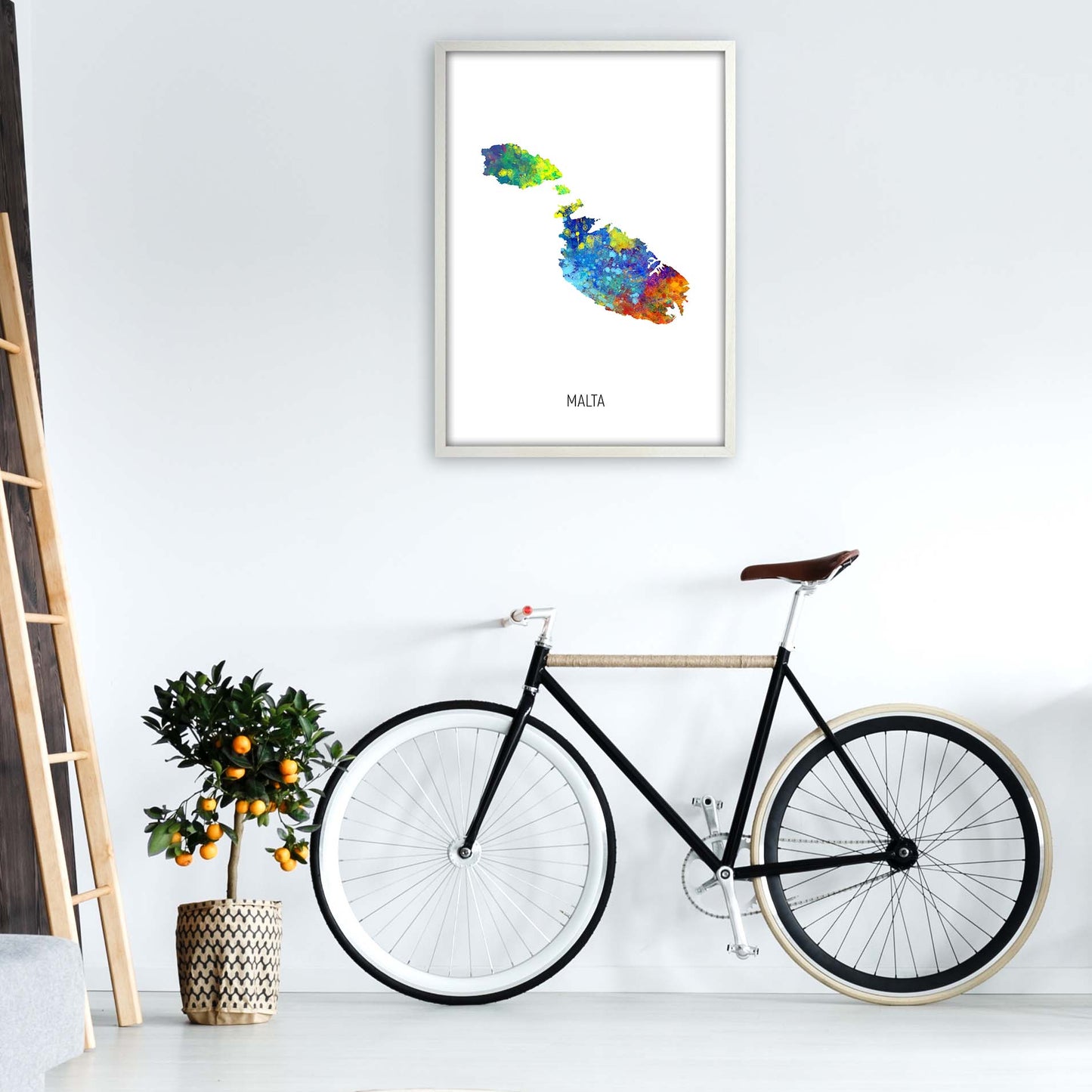 Malta Watercolour Map Art Print by Michael Tompsett A1 Oak Frame