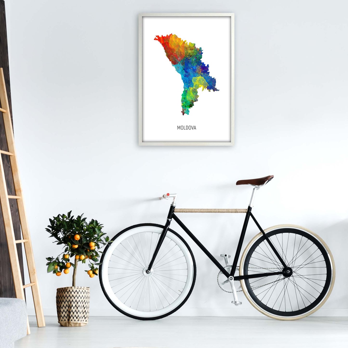 Moldova Watercolour Map Art Print by Michael Tompsett A1 Oak Frame