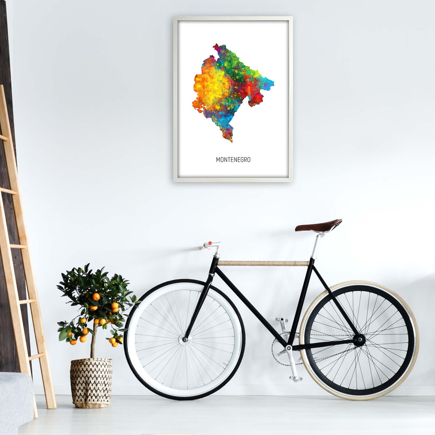 Montenegro Watercolour Map Art Print by Michael Tompsett A1 Oak Frame
