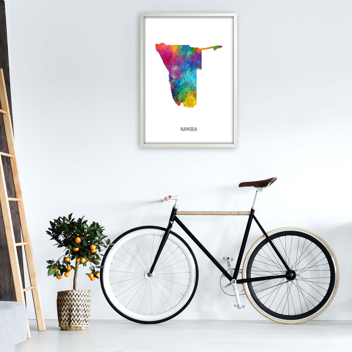 Namibia Watercolour Map Art Print by Michael Tompsett A1 Oak Frame
