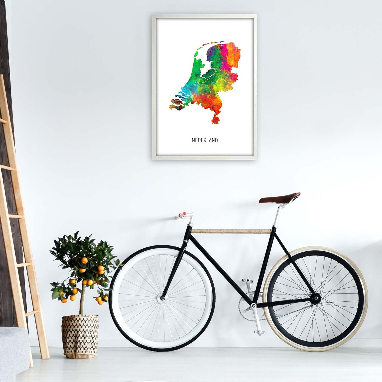 Nederland Watercolour Map Art Print by Michael Tompsett A1 Oak Frame