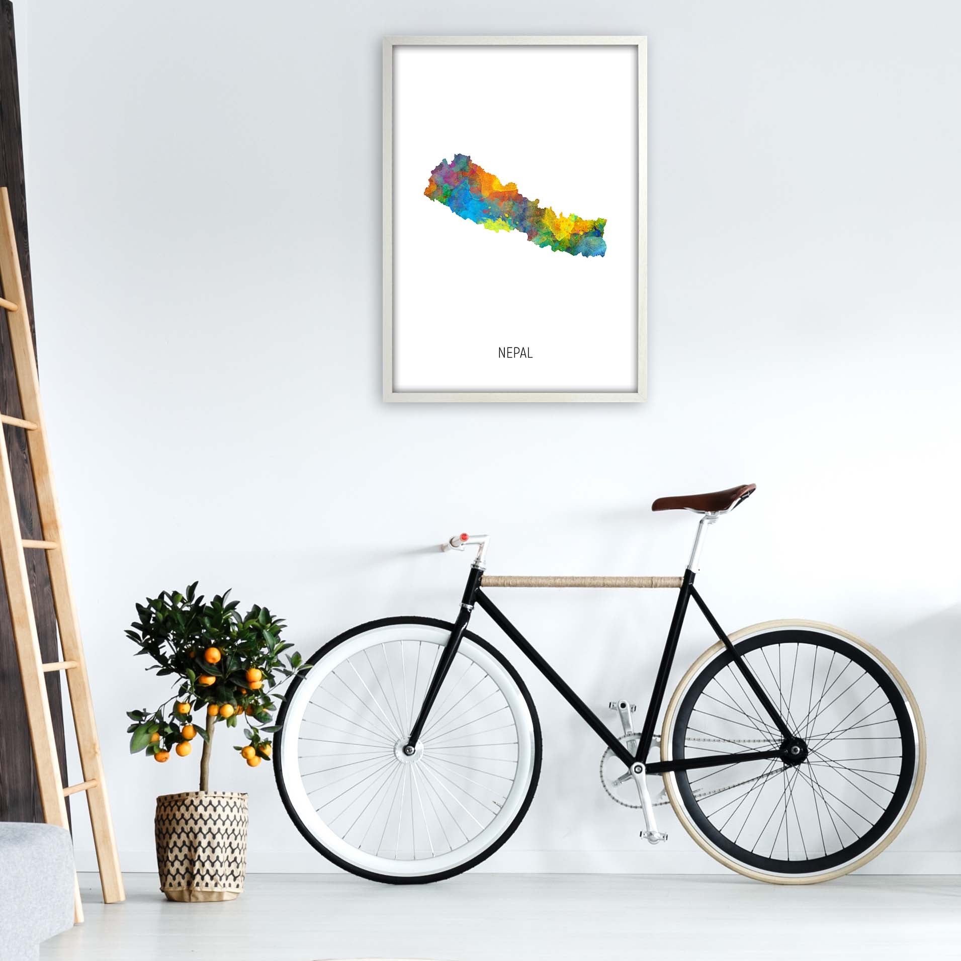 Nepal Watercolour Map Art Print by Michael Tompsett A1 Oak Frame