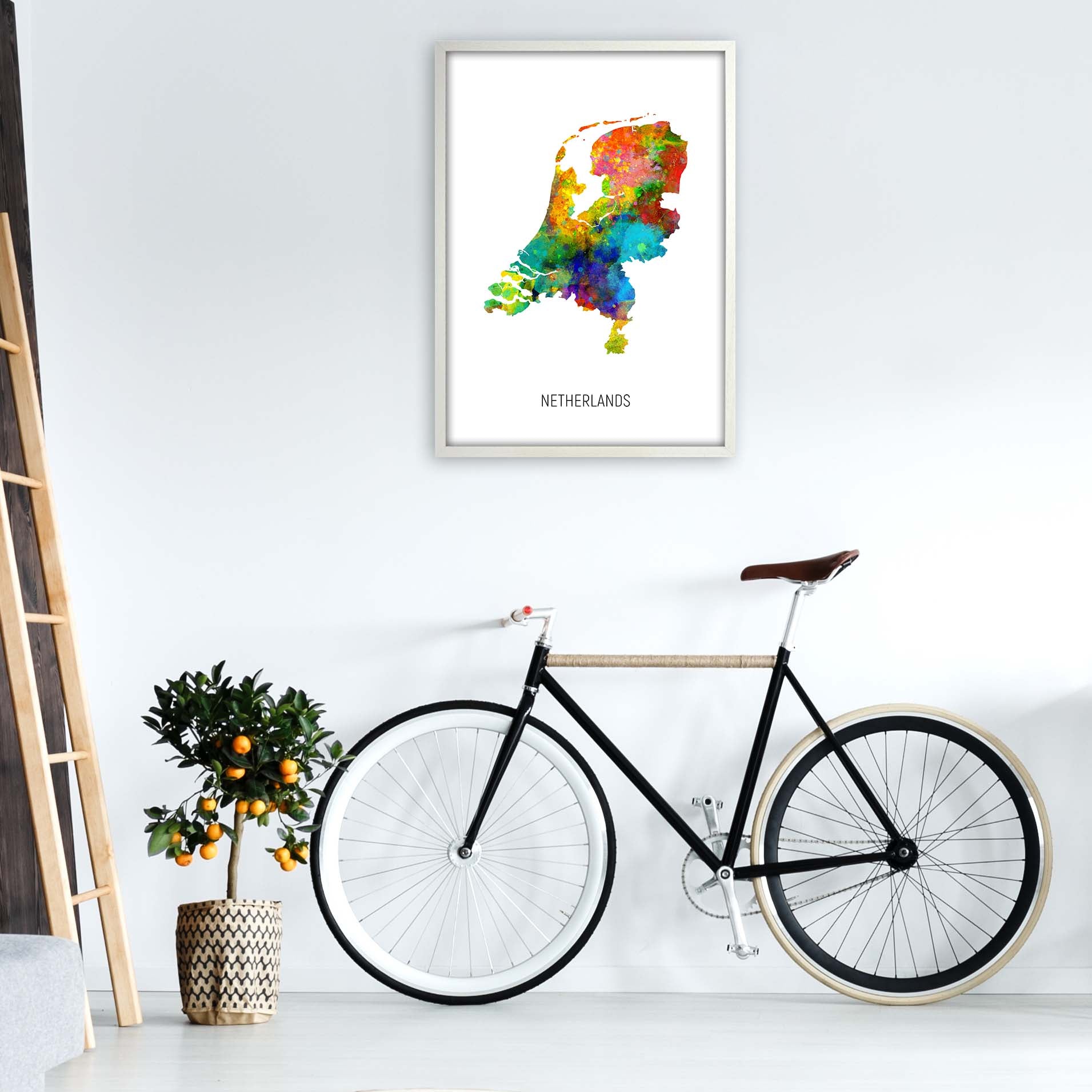 Netherlands Watercolour Map Art Print by Michael Tompsett A1 Oak Frame
