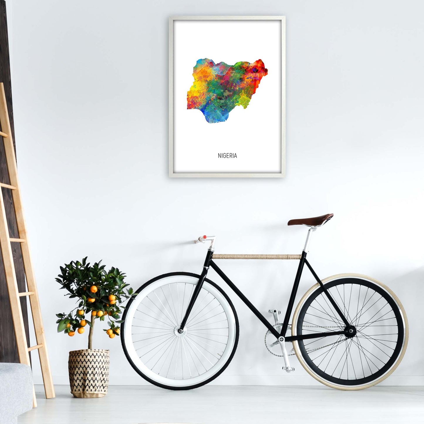 Nigeria Watercolour Map Art Print by Michael Tompsett A1 Oak Frame