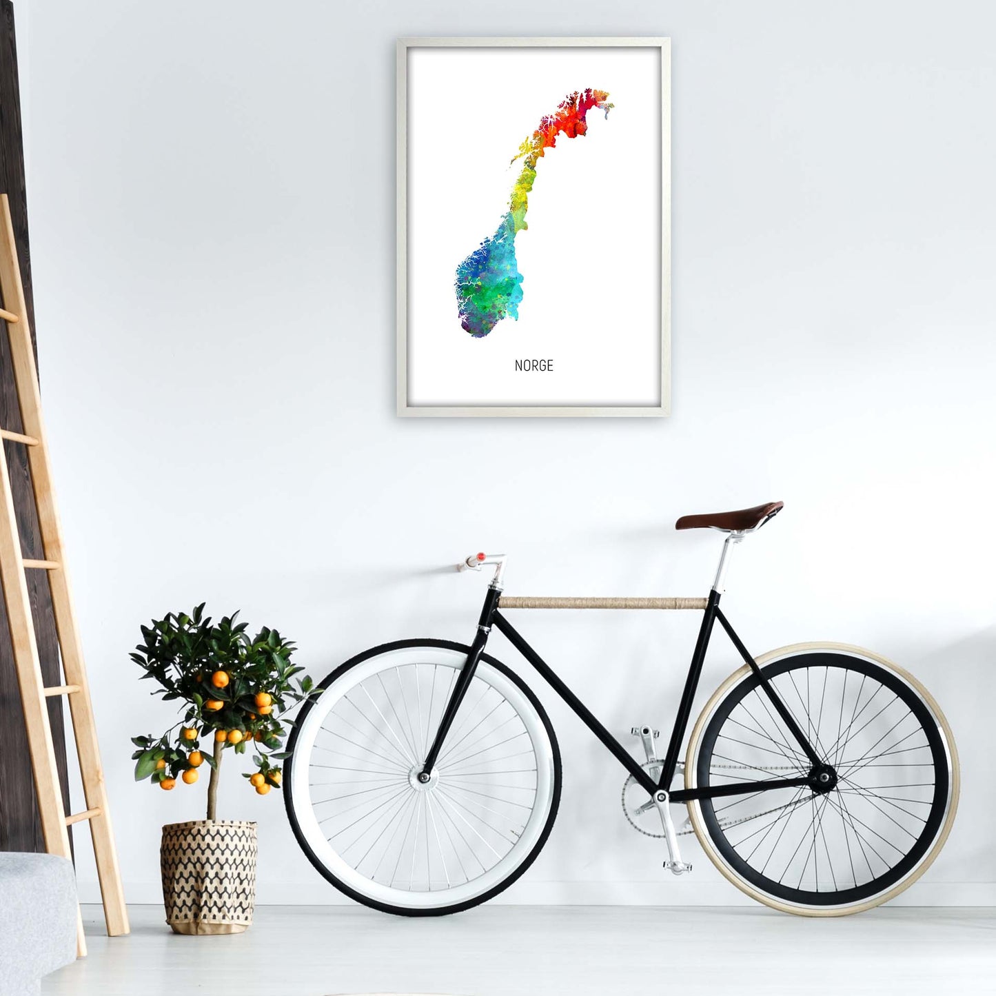 Norge Watercolour Map Art Print by Michael Tompsett A1 Oak Frame