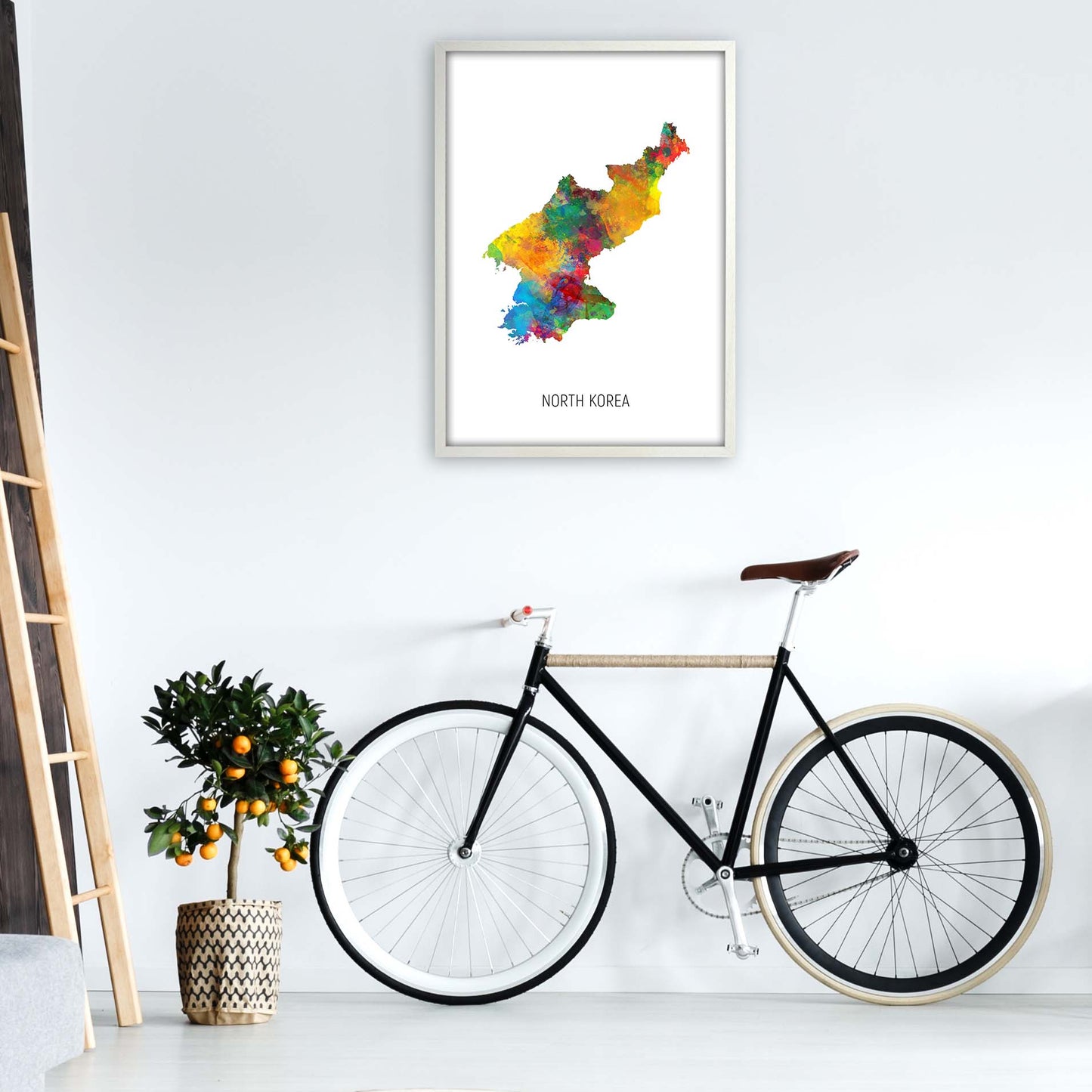 North Korea Watercolour Map Art Print by Michael Tompsett A1 Oak Frame