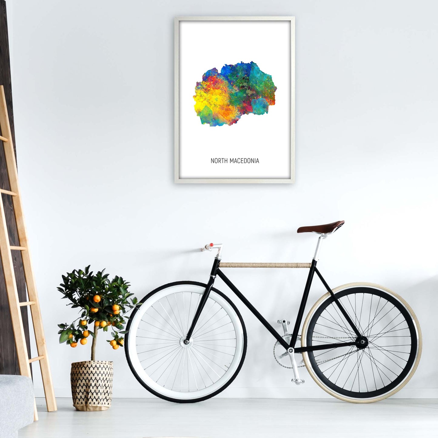 North Macedonia Watercolour Map Art Print by Michael Tompsett A1 Oak Frame