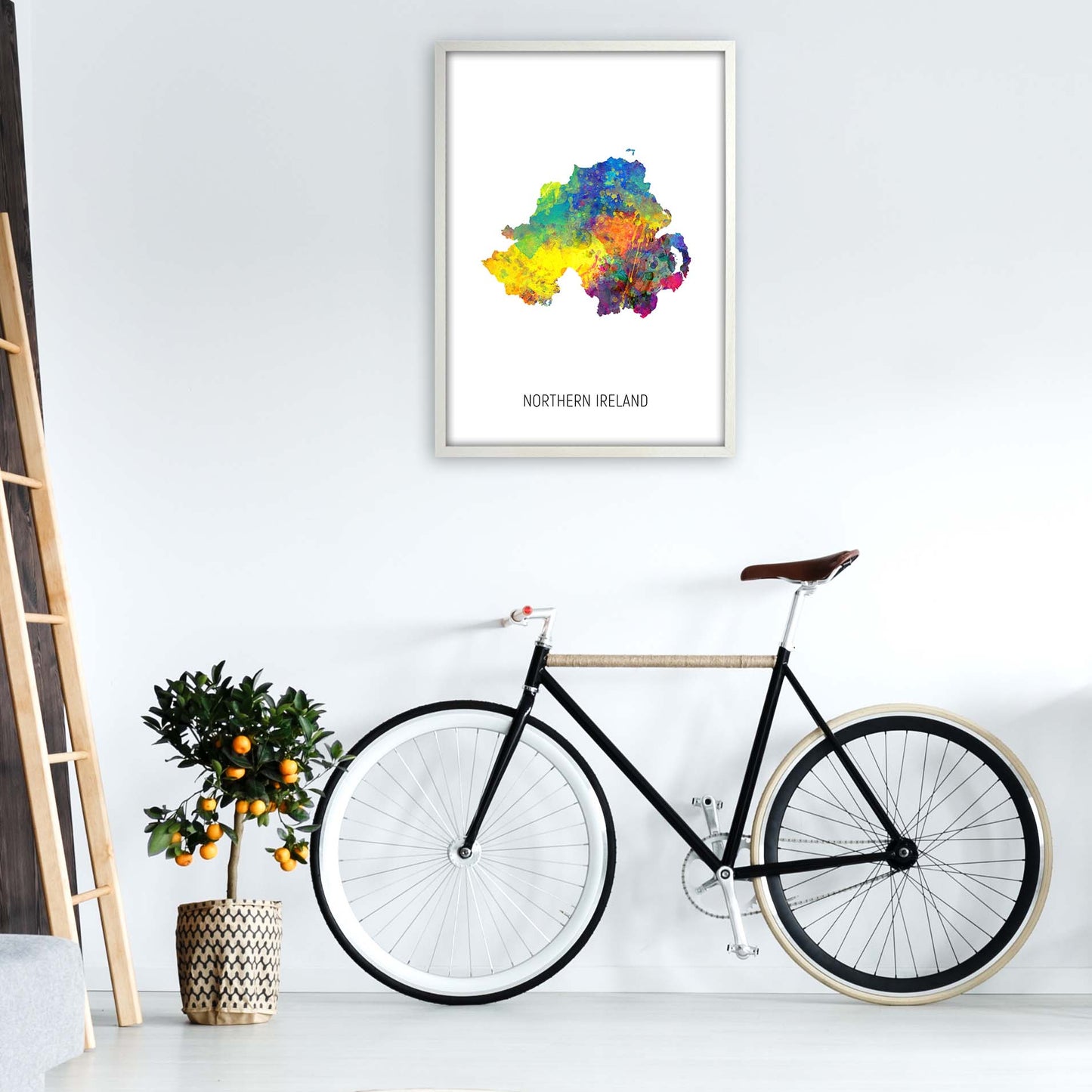 Northern Ireland Watercolour Map Print by Michael Tompsett A1 Oak Frame
