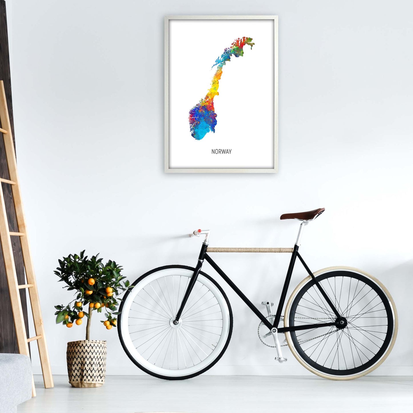 Norway Watercolour Map Art Print by Michael Tompsett A1 Oak Frame