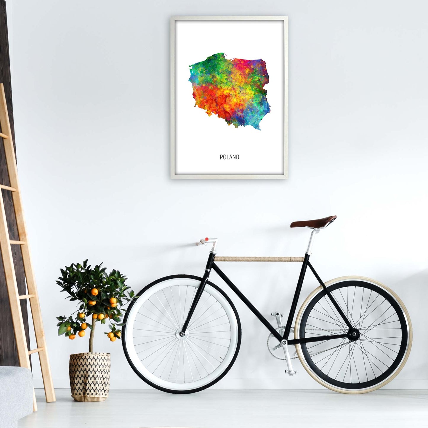 Poland Watercolour Map Art Print by Michael Tompsett A1 Oak Frame