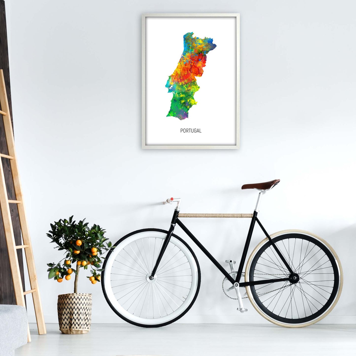 Portugal Watercolour Map Art Print by Michael Tompsett A1 Oak Frame