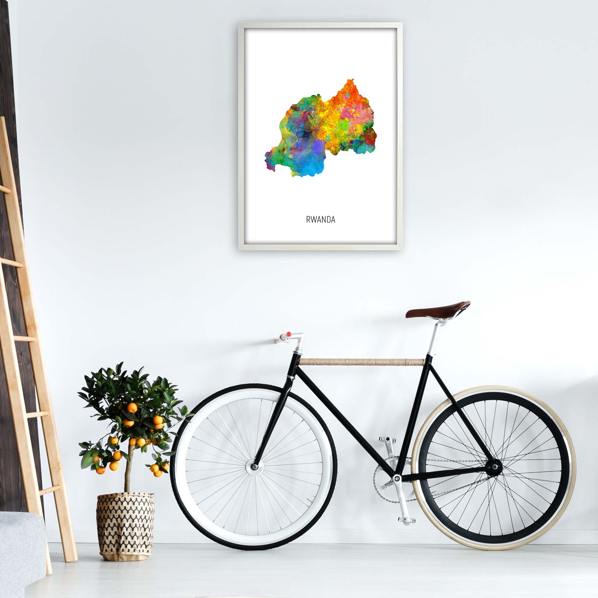 Rwanda Watercolour Map Art Print by Michael Tompsett A1 Oak Frame
