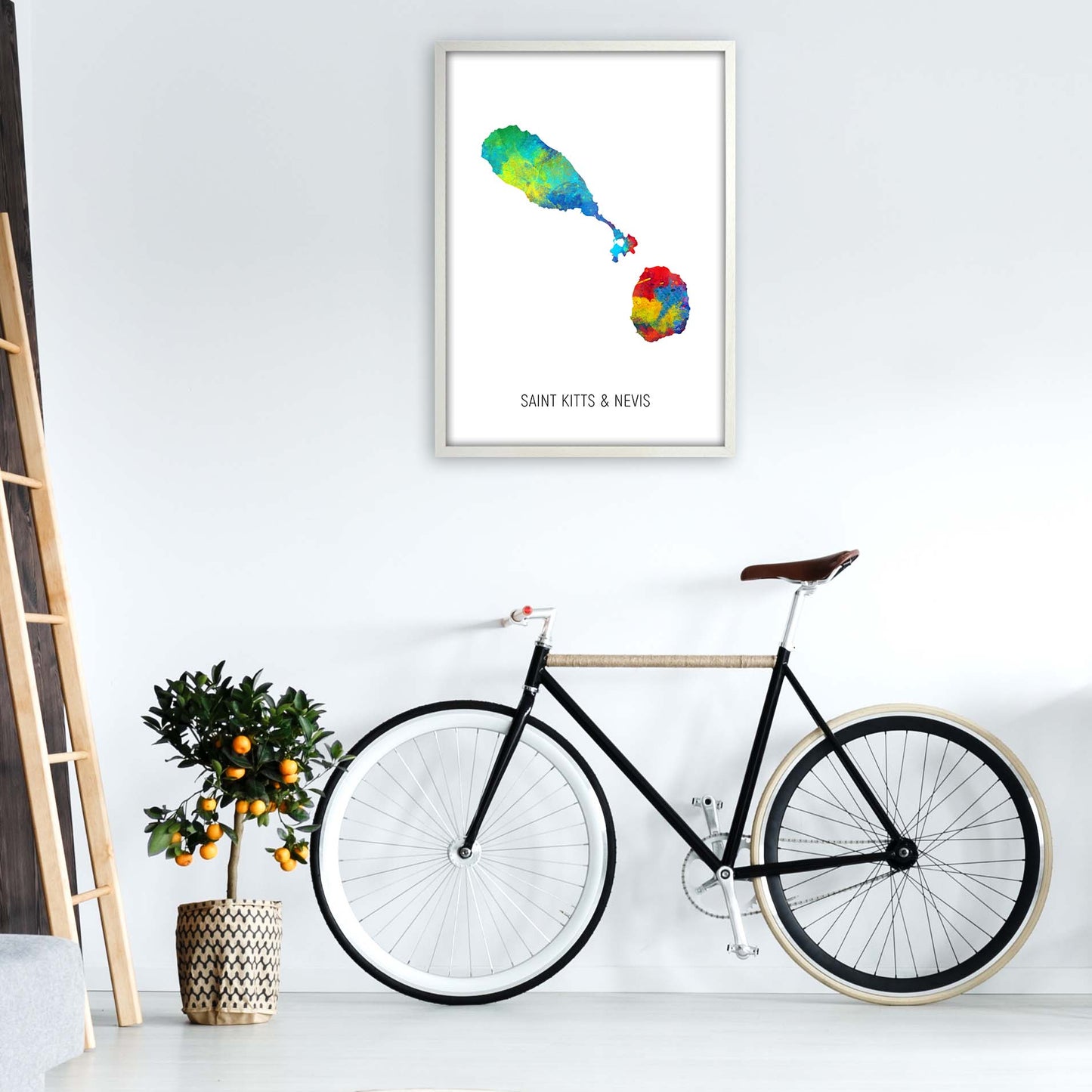 Saint Kitts And Nevis Watercolour Map by Michael Tompsett A1 Oak Frame