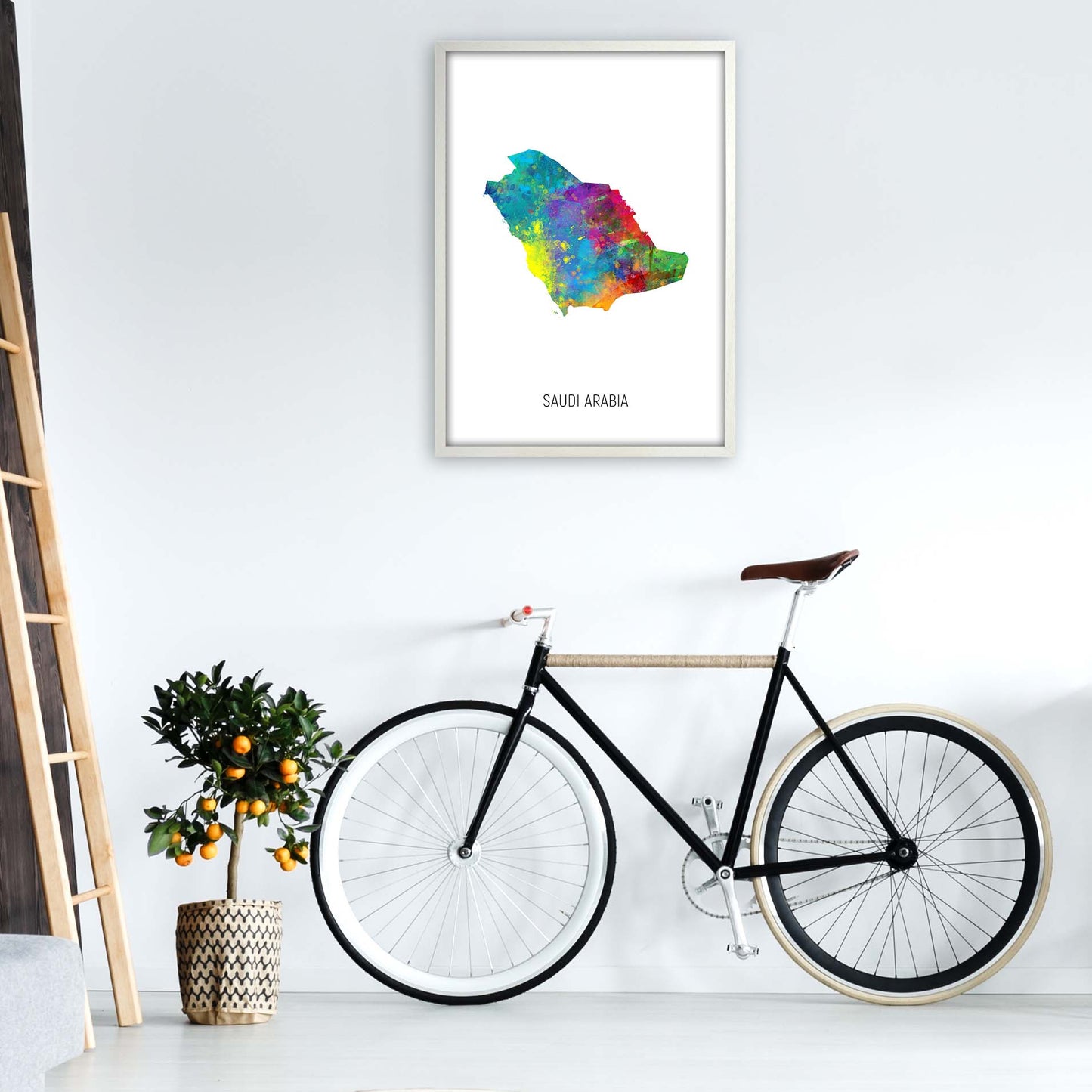Saudi Arabia Watercolour Map Art Print by Michael Tompsett A1 Oak Frame